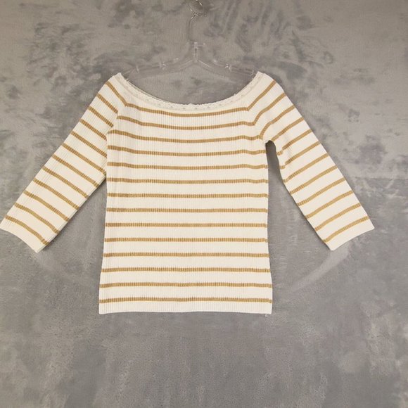 Vanity Womens Sweater Knit Pullover Striped 3/4 Sleeve Lace Collar Beige Brown M - Picture 1 of 9